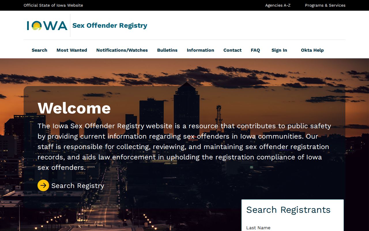 Official Iowa registry controls for a Coralville resident lookup