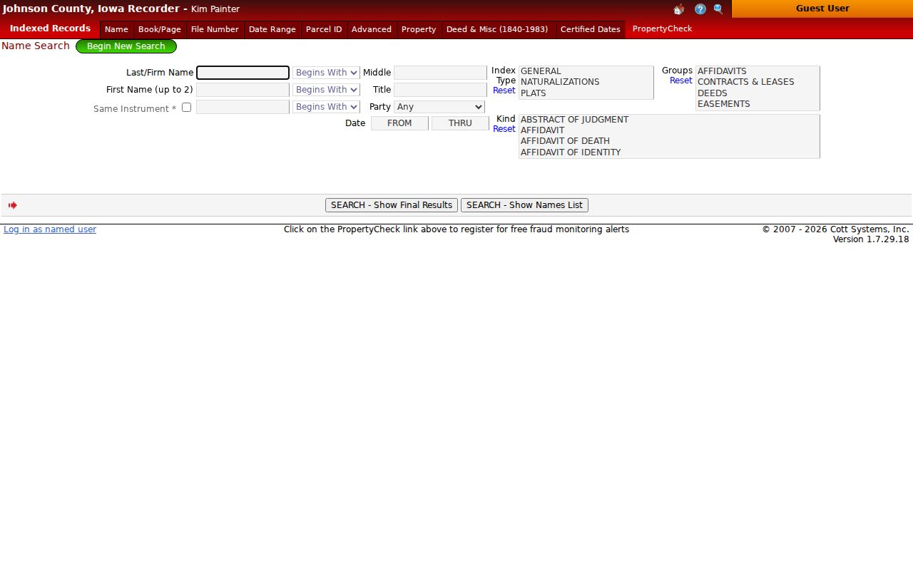 Johnson County Recorder controls for a Coralville resident lookup